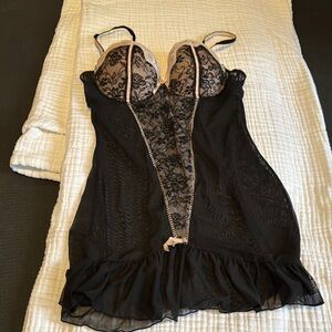 Black and Pink Lace Chemise with Ruffled Hem
